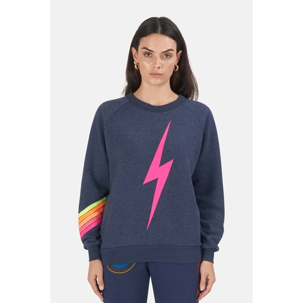 Aviator Nation Lightning Bolt Rainbow Sleeve Pullover Sweatshirt Navy Lounge XS - Picture 2 of 11